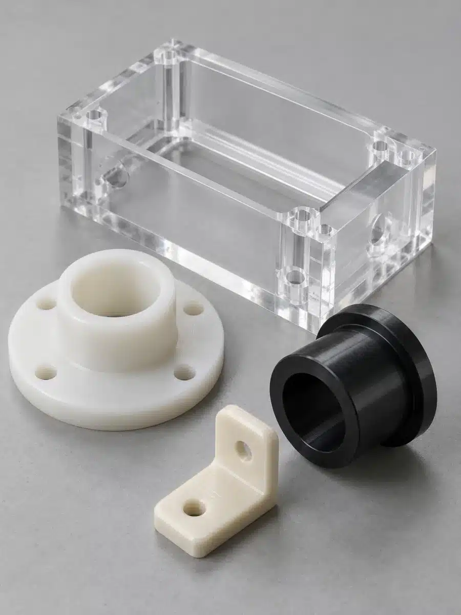 Clear plastic housing with white and black components on a gray work surface