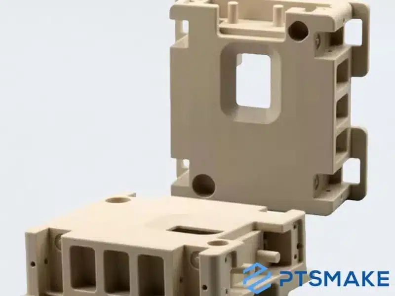 Two beige plastic housings with pockets and openings