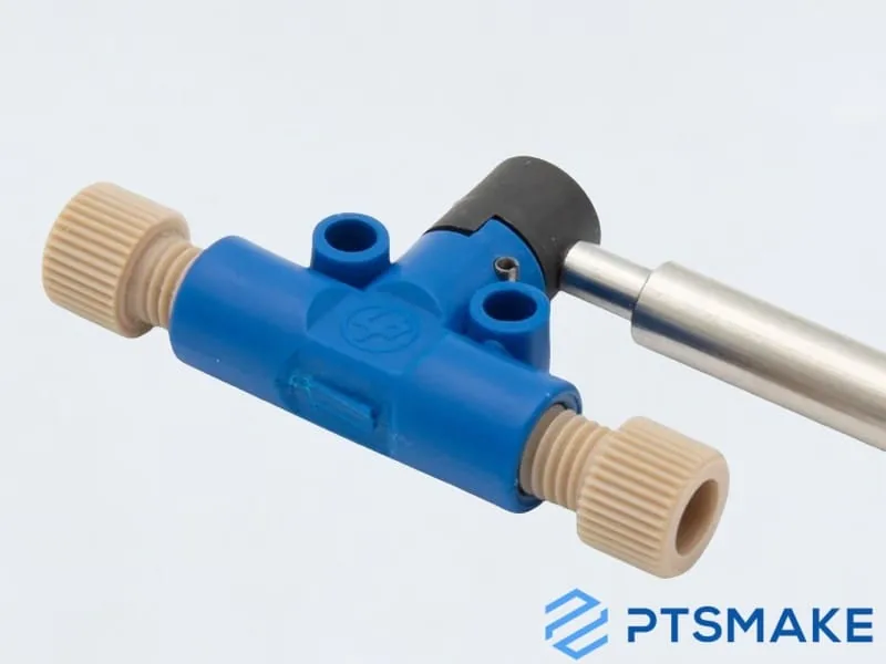 Blue and beige assembly with metal shaft and threaded fittings