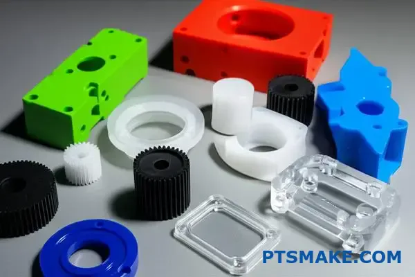 Assorted colored plastic housings, gears and clear parts