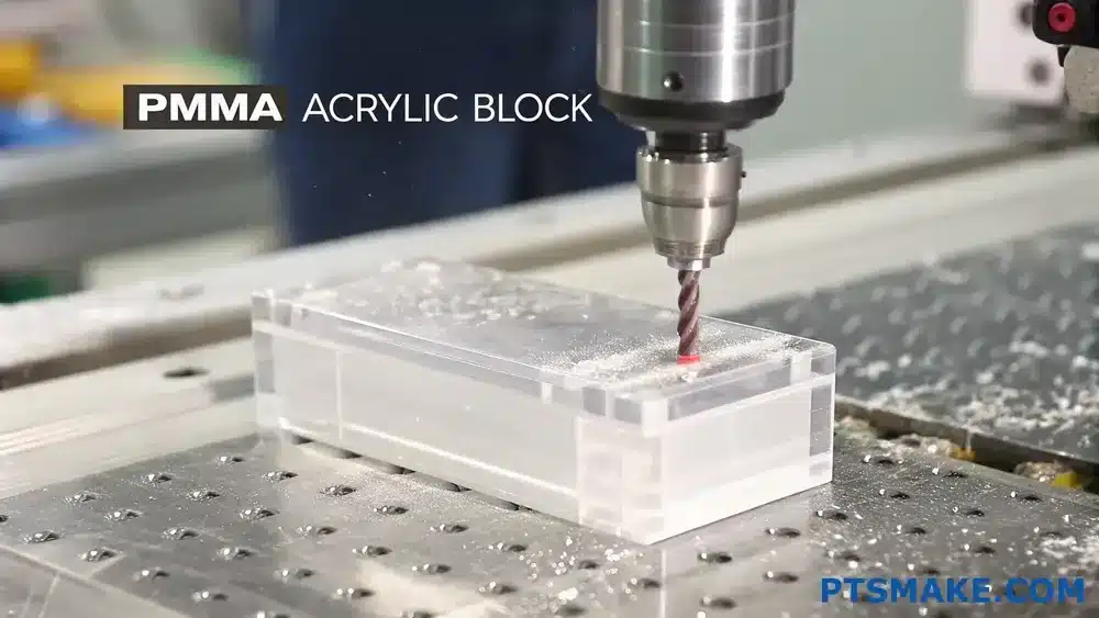 Cutting tool above a clear block fixed in a machining vise