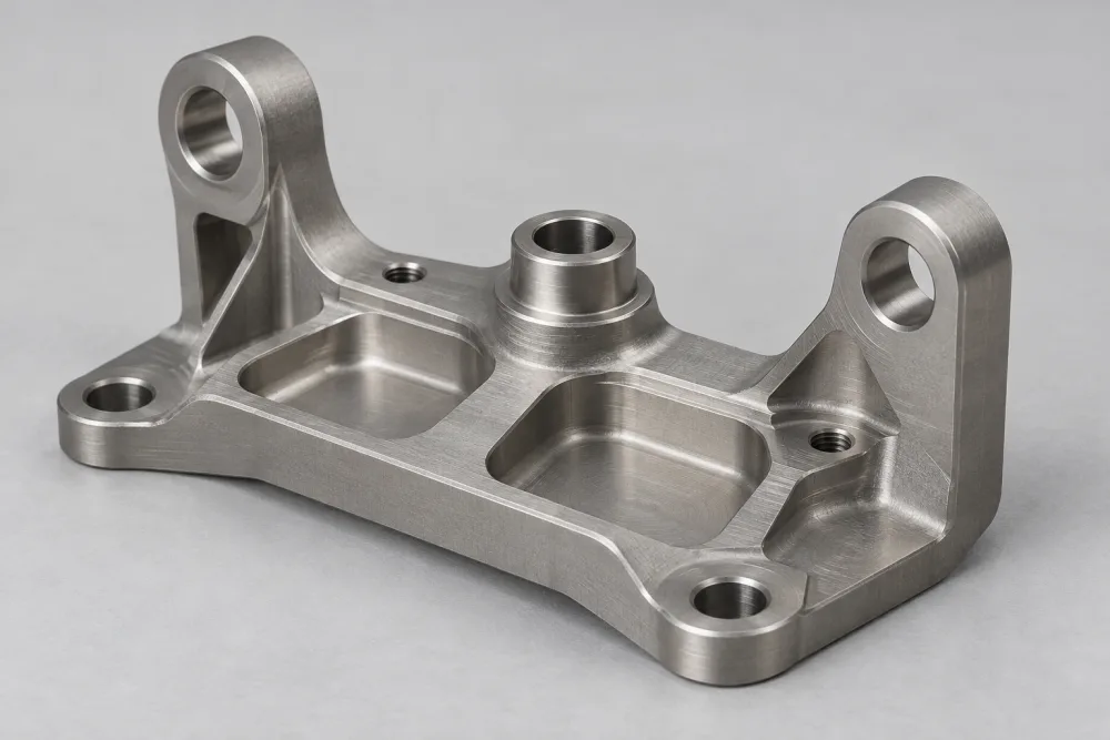 Machined titanium bracket with rounded pockets, raised mounting ears and a central bore.